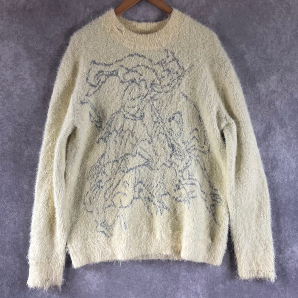 NUTEMPEROR Fuzzy Knit Sweater Mens 2 Cream Abstract Graphic Crew Neck *See Desc*